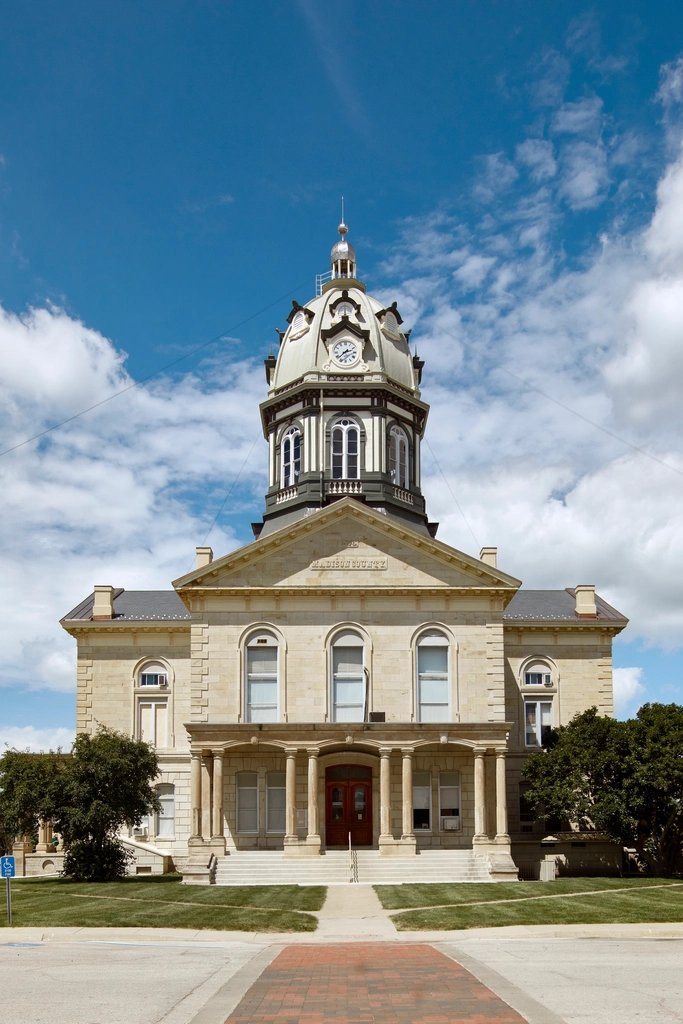 A courthouse building with a prominent clock tower